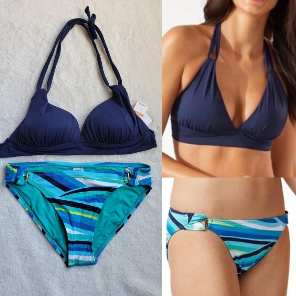 Tommy Bahama 2 Piece Bikini- Navy Strap Halter, Windingwave Side Twist Bottom Sm